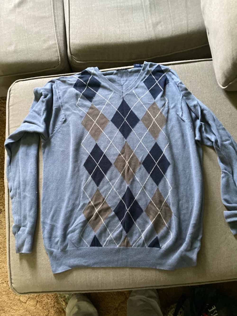 Izod Light Blue Argyle V-Neck Sweater with Navy and Gray Diamonds